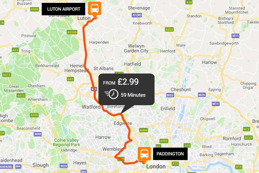 Luton Airport to from Paddington via Golders Green