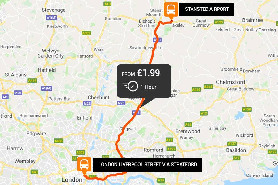 Stansted Airport to from London Liverpool Street via Stratford