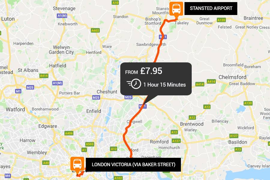 Stansted Airport to from London Victoria via Baker Street