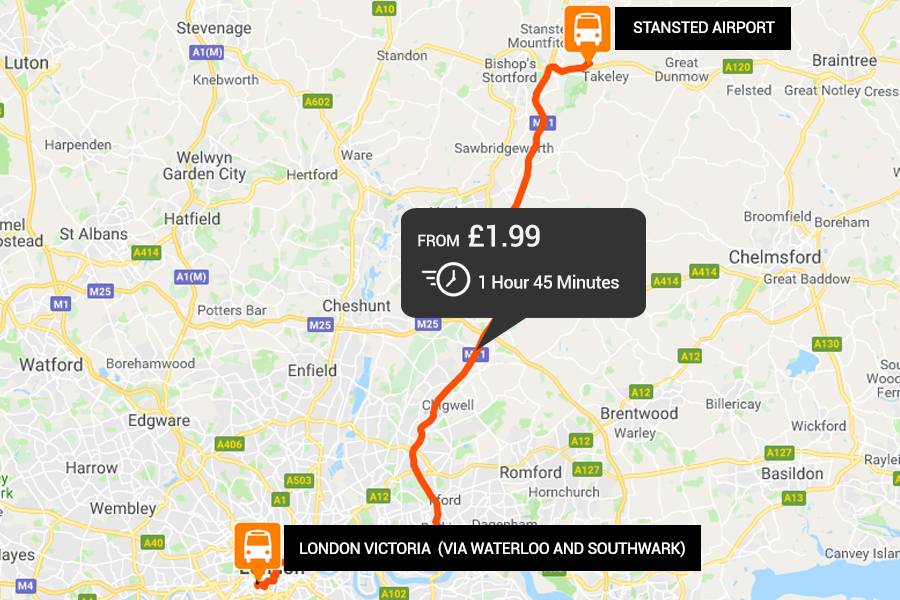 Stansted Airport to from London Victoria via Southwark and Waterloo